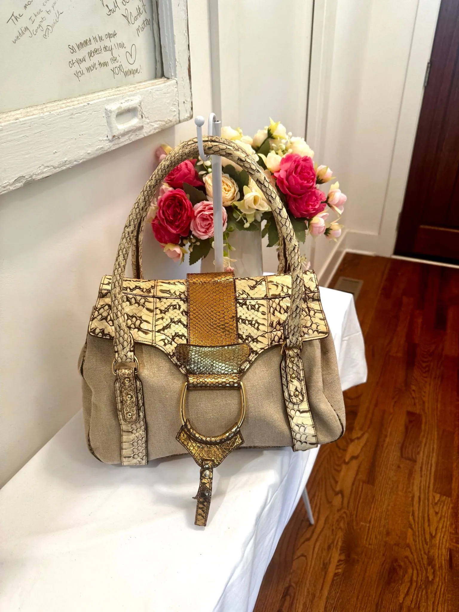 Authenticated Dolce and Gabanna Snakeskin and Canvas Satchel Bag — pre-owned luxury designer bag | LaceLuxx