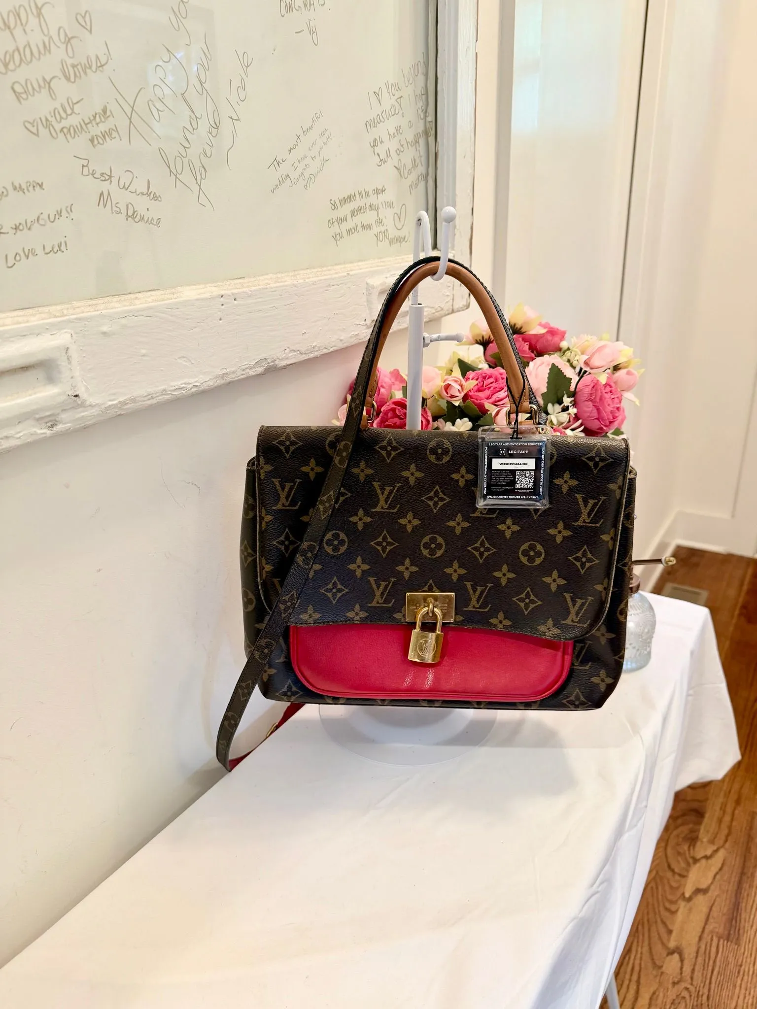 Authenticated Louis Vuitton Marignan Monogram 2Way Bag with Red Detail — pre-owned luxury designer bag | LaceLuxx
