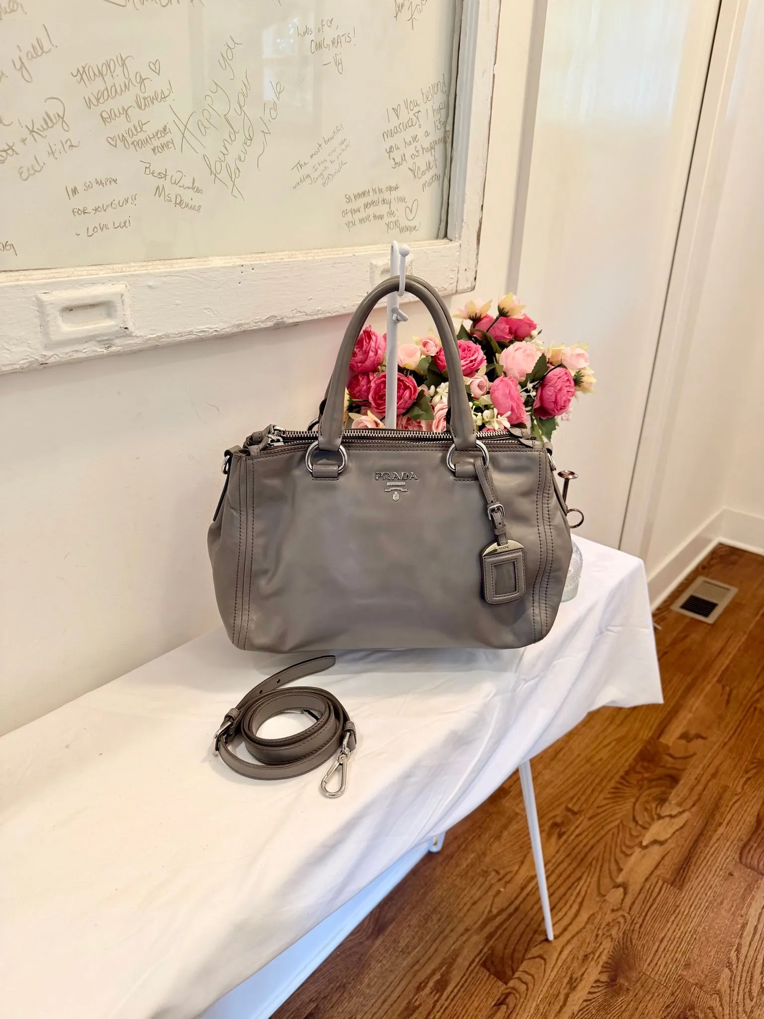 Authenticated Taupe Calfskin Prada Shoulder Bag — pre-owned luxury designer bag | LaceLuxx
