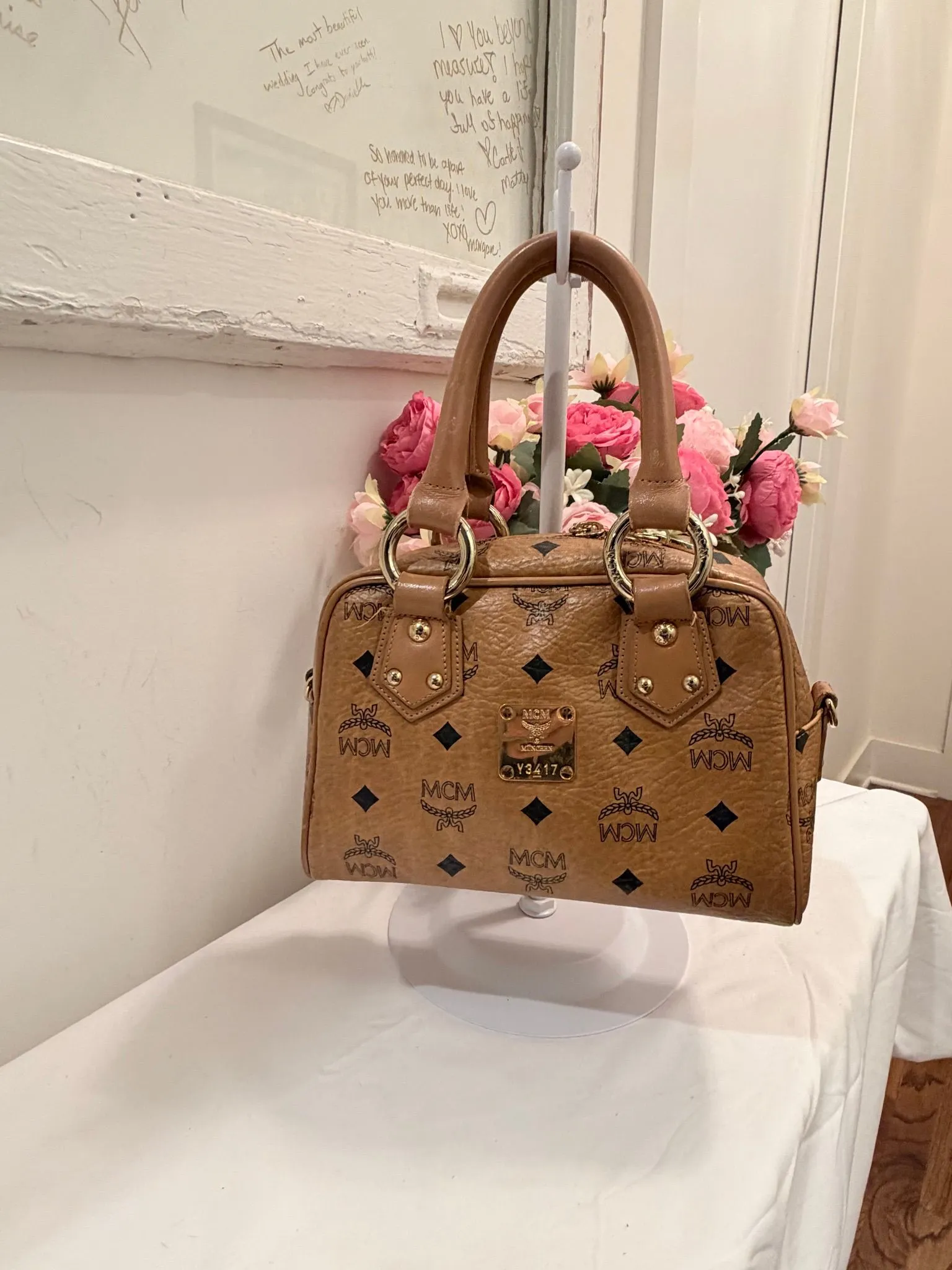 Authenticated Cognac MCM Boston 20 with Gold Hardware — pre-owned luxury designer MCM bag | LaceLuxx