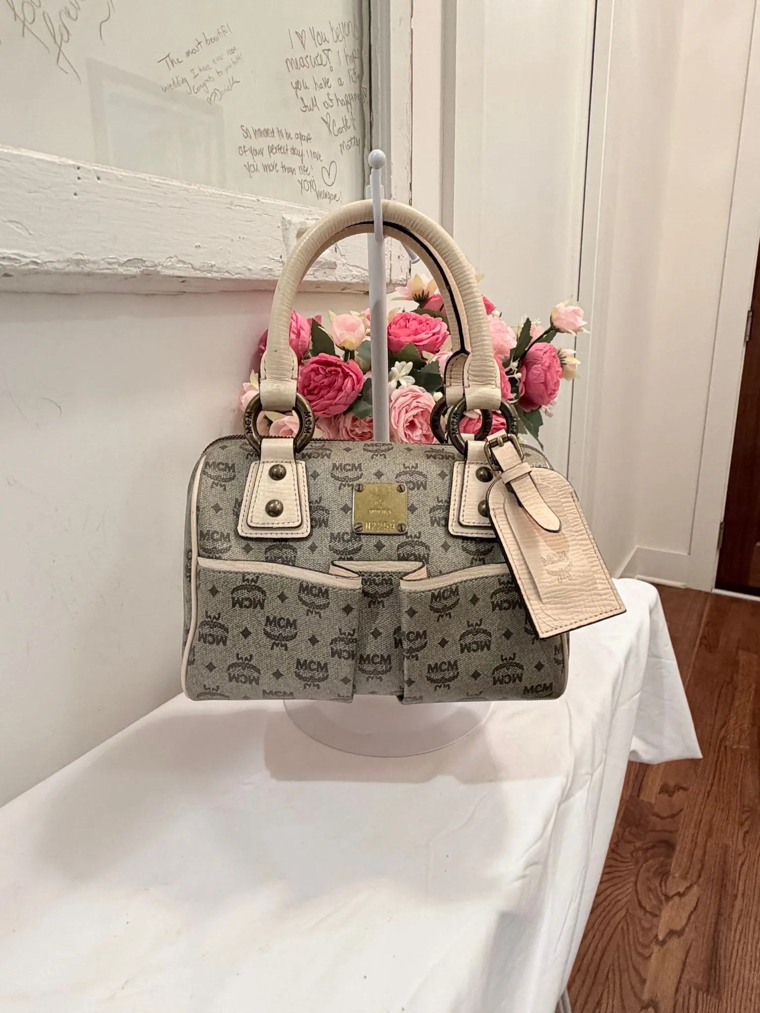 Authenticated Limited Edition Cream Visetos MCM Boston 20 — pre-owned luxury designer MCM bag | LaceLuxx