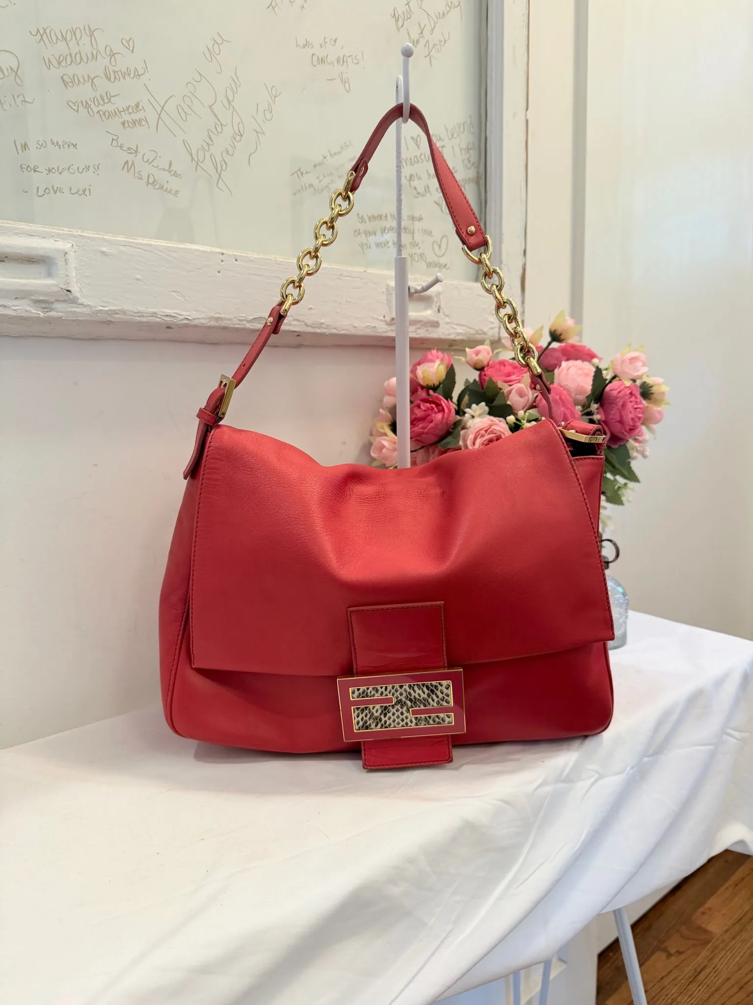 Authenticated Fendi Red Leather Mama Baguette Shoulder Bag — pre-owned luxury designer Fendi bag | LaceLuxx