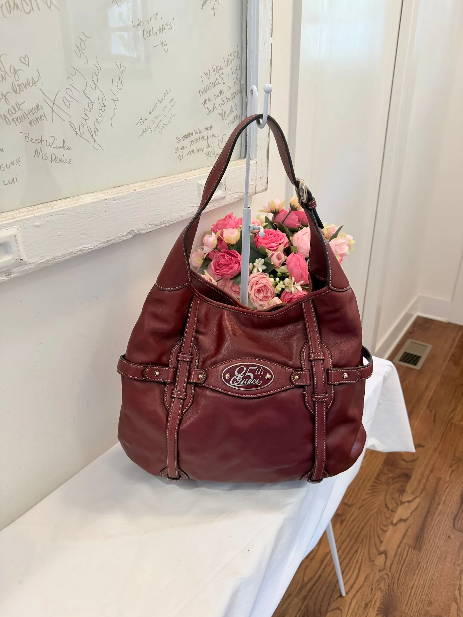 Authenticated Gucci 85th Anniversary Burgundy Leather Hobo Shoulder Bag — pre-owned luxury designer Gucci bag | LaceLuxx
